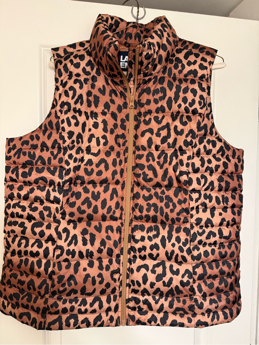 Lands' End Women's Leopard Print Quilted Zip Puffer Vest w/ Pockets Size L